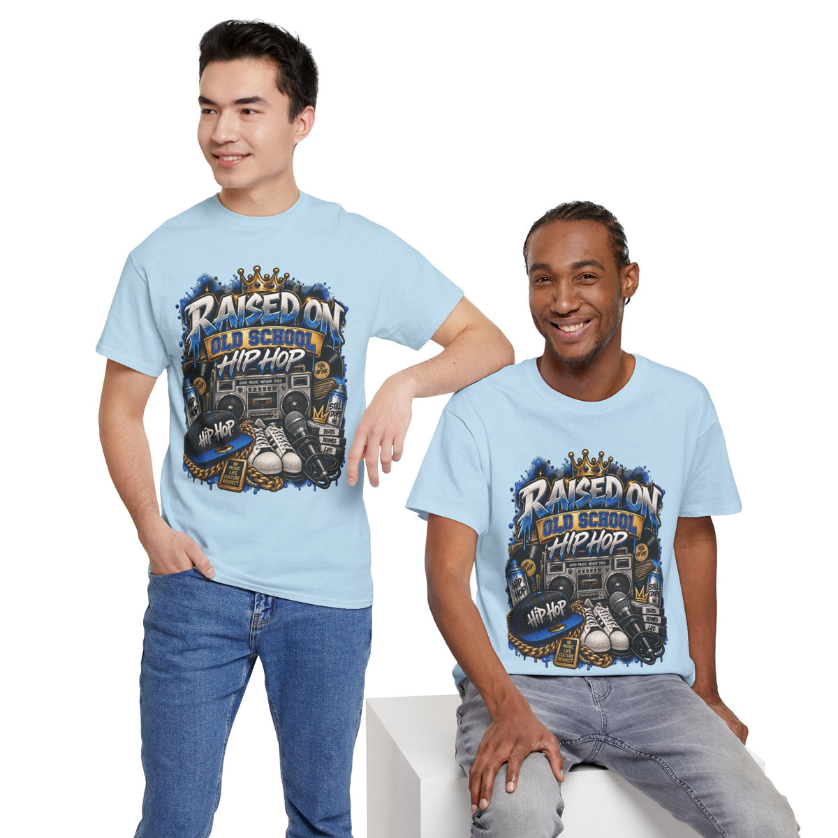 Raised On Old School Hip Hop T-Shirt | Retro Boombox Sneakers Crown Design
