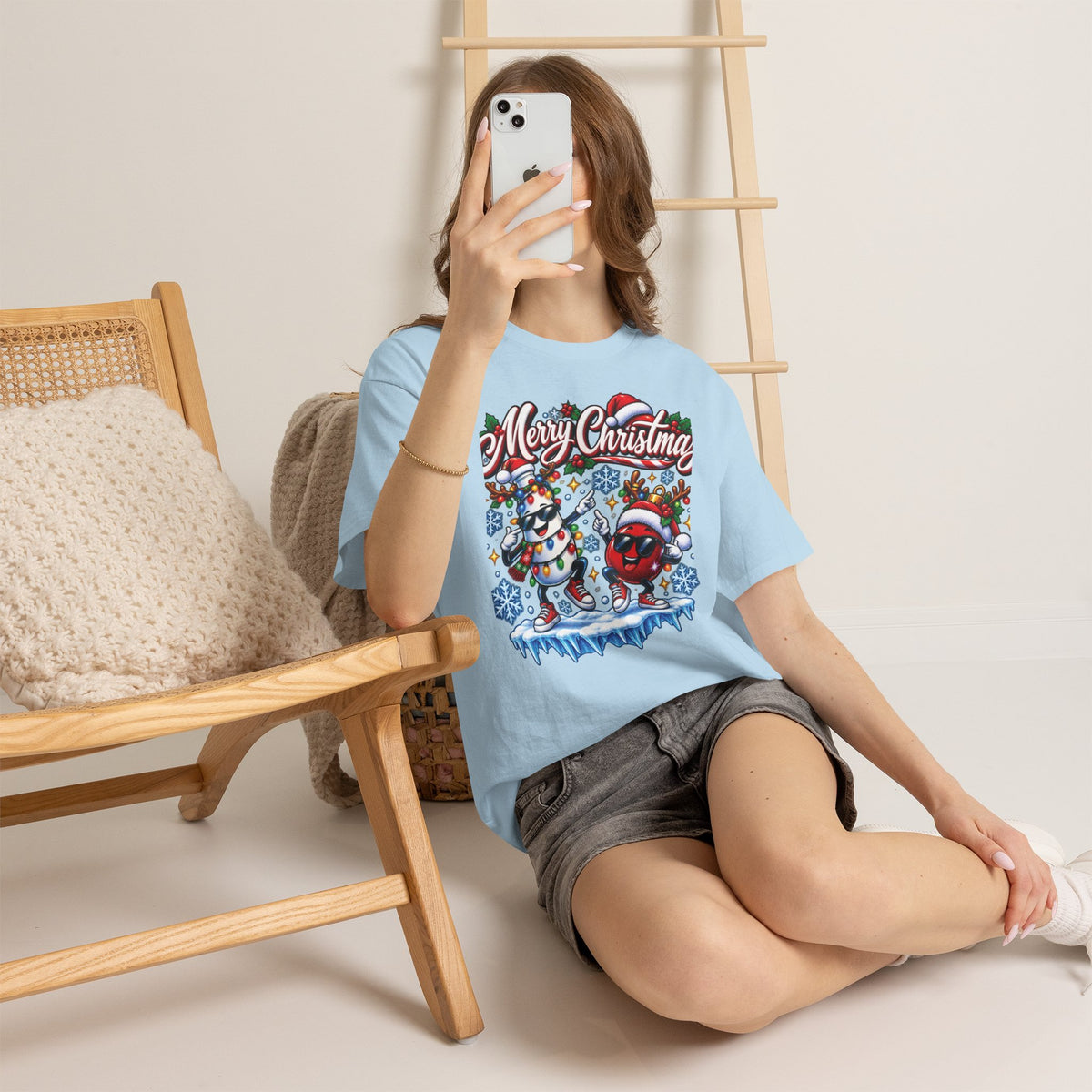 Merry Christmas Dancing Ornaments T-Shirt | Festive Snowflakes Holiday Tee
