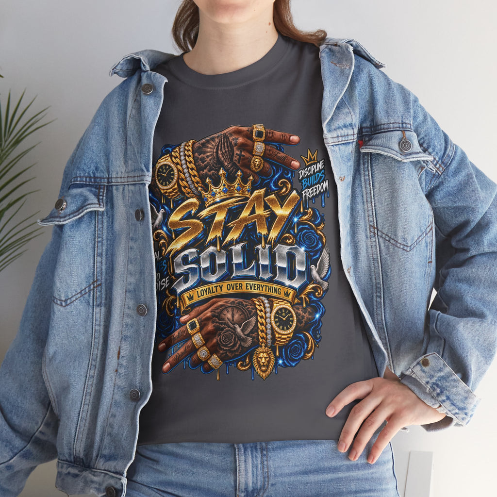 Stay Solid graphic tee | Urban street art typography, gold chain hands