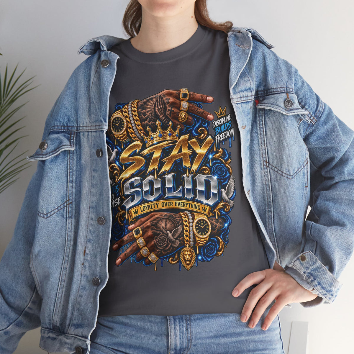 Stay Solid graphic tee | Urban street art typography, gold chain hands