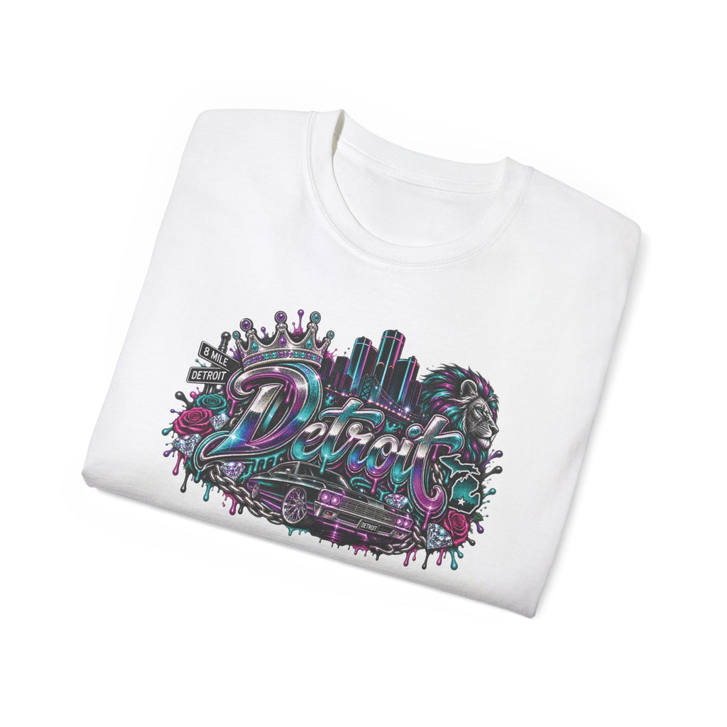 Detroit Nights skyline tee | Retro neon city palm trees graphic T-Shirt