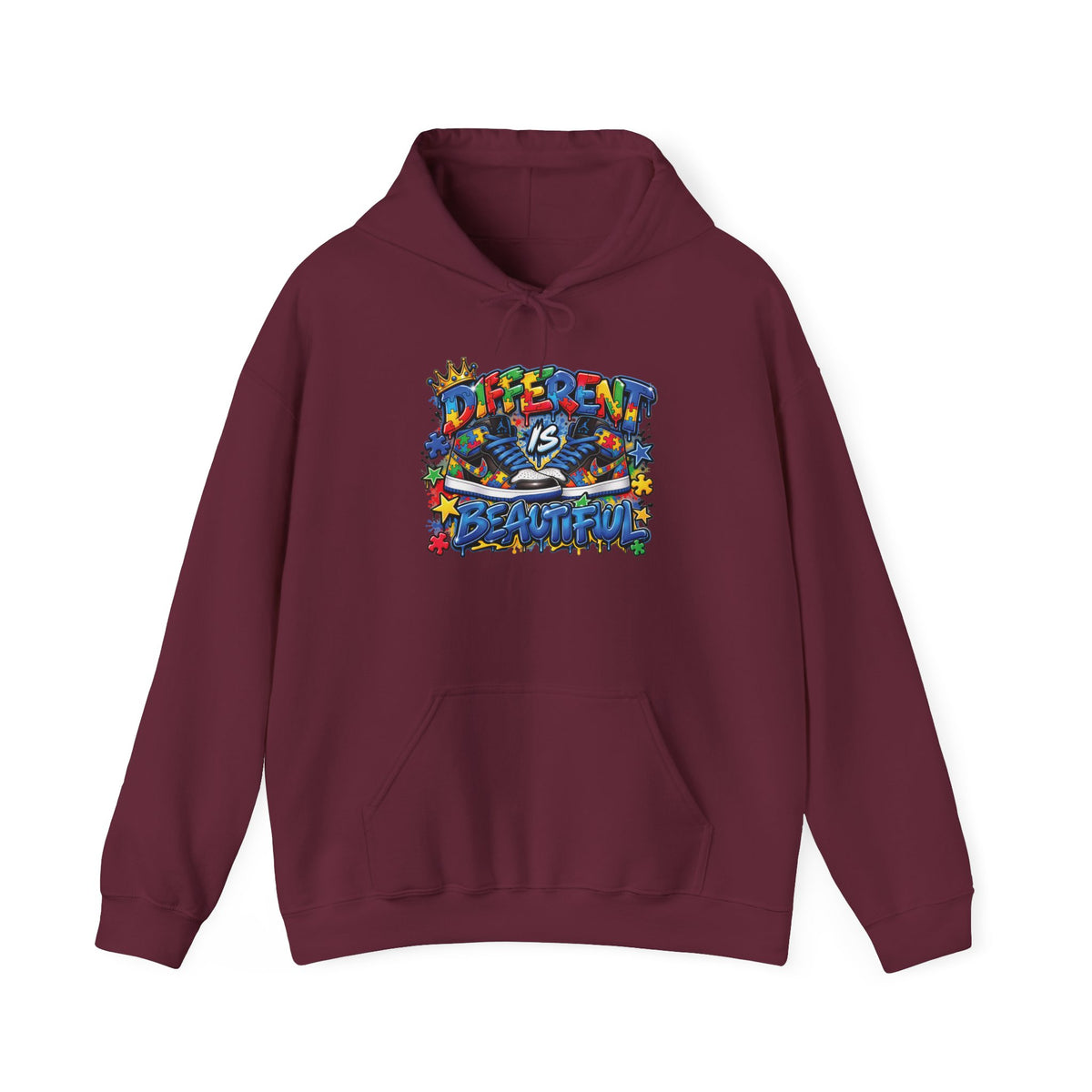 Different Is Beautiful hoodie | colorful graffiti text, stars & flowers