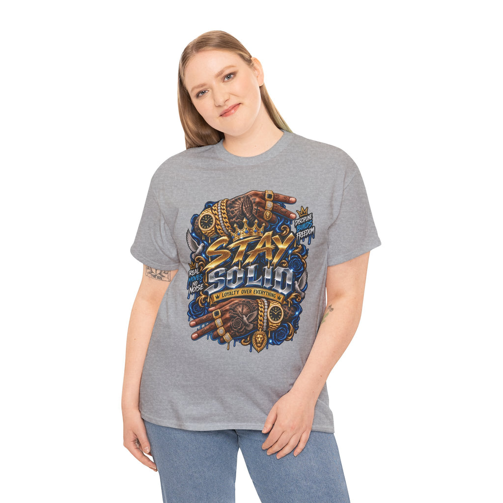 Stay Solid graphic tee | Urban street art typography, gold chain hands