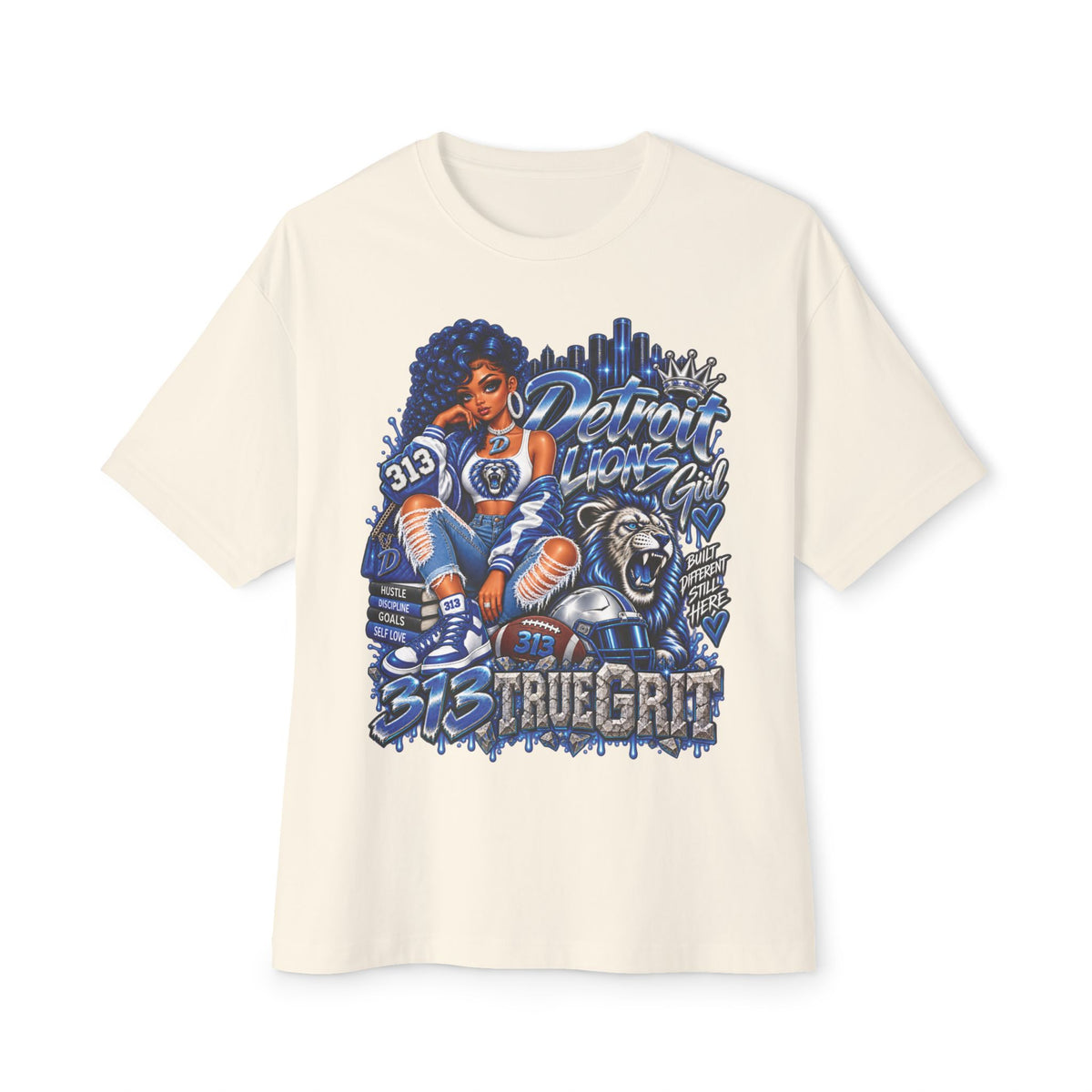 Lions Detroit City Grit tee | Motor City skyline, 313, sneaker and bulldog illustration