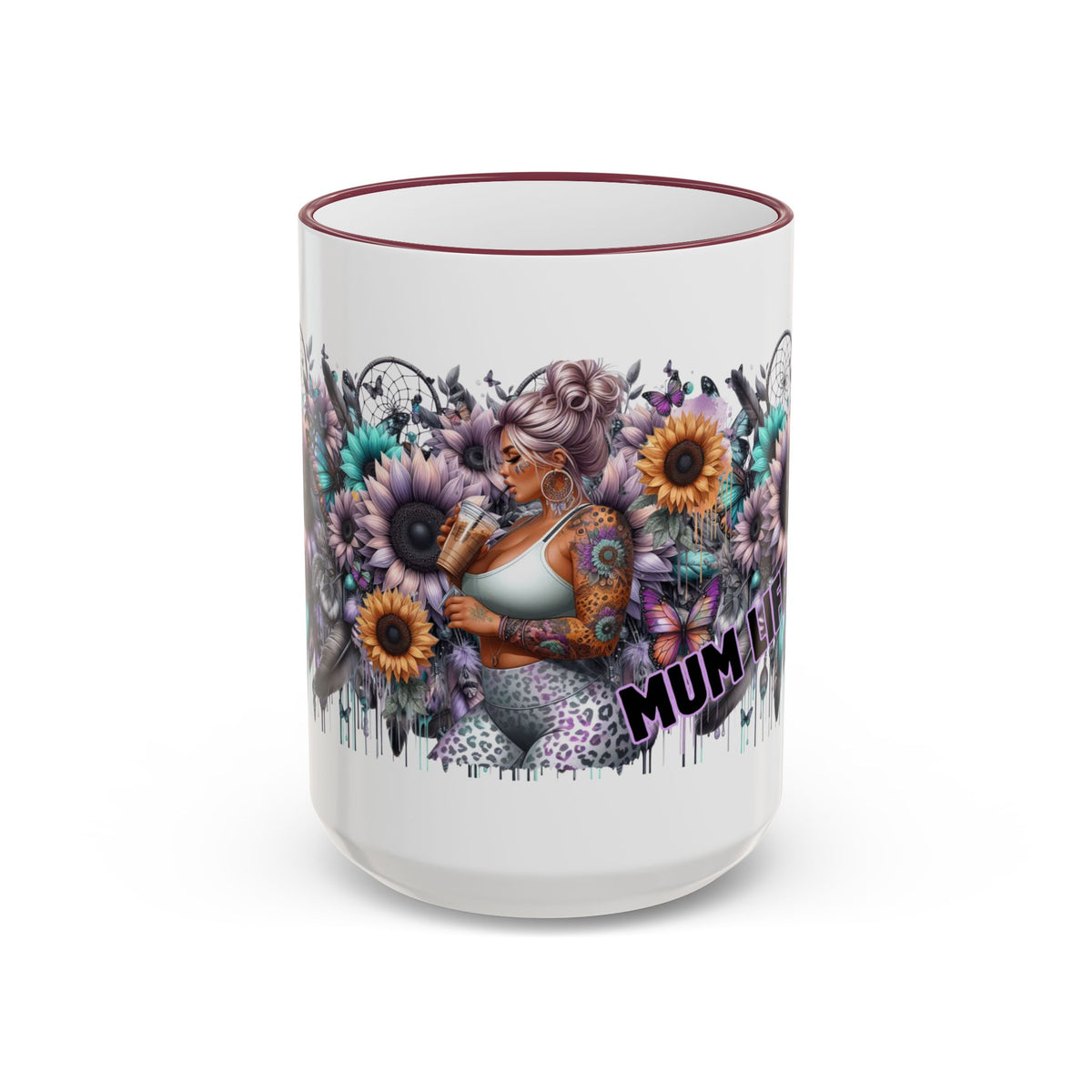 Tattooed Floral Skull Mum Mug | Accent Rim & Handle Ceramic Mug