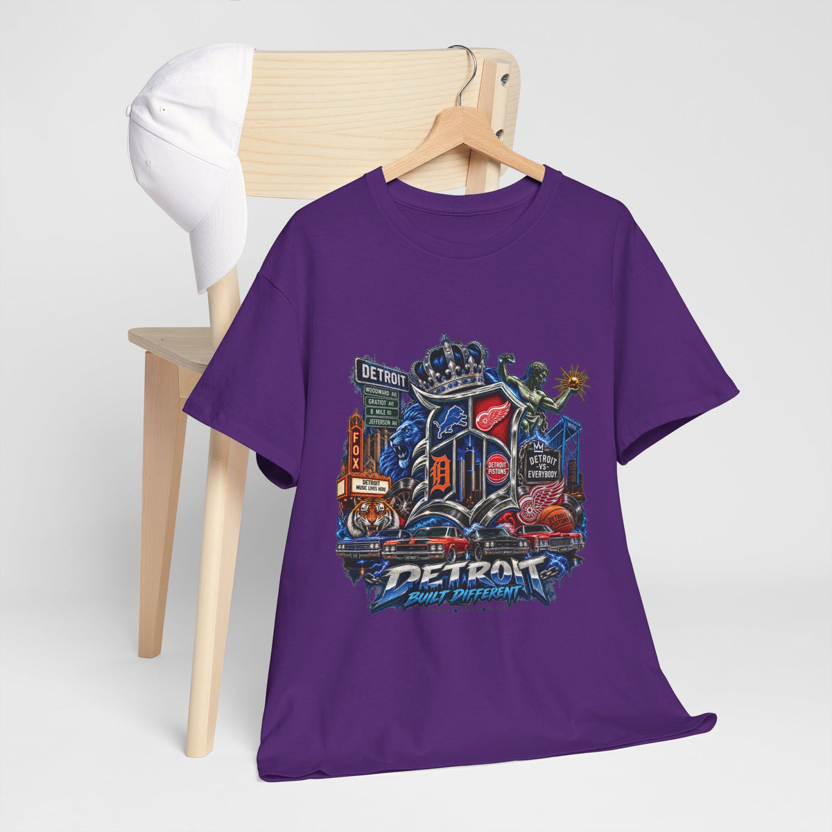 Detroit Skyline Collage T-Shirt | Motor City Landmarks, Vintage Neon Design