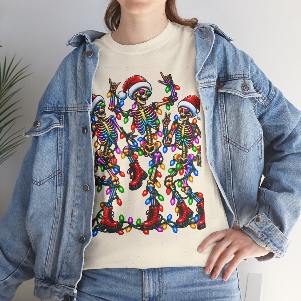 Dancing Skeletons with Christmas Lights T-Shirt | Santa Hat Holiday Tee