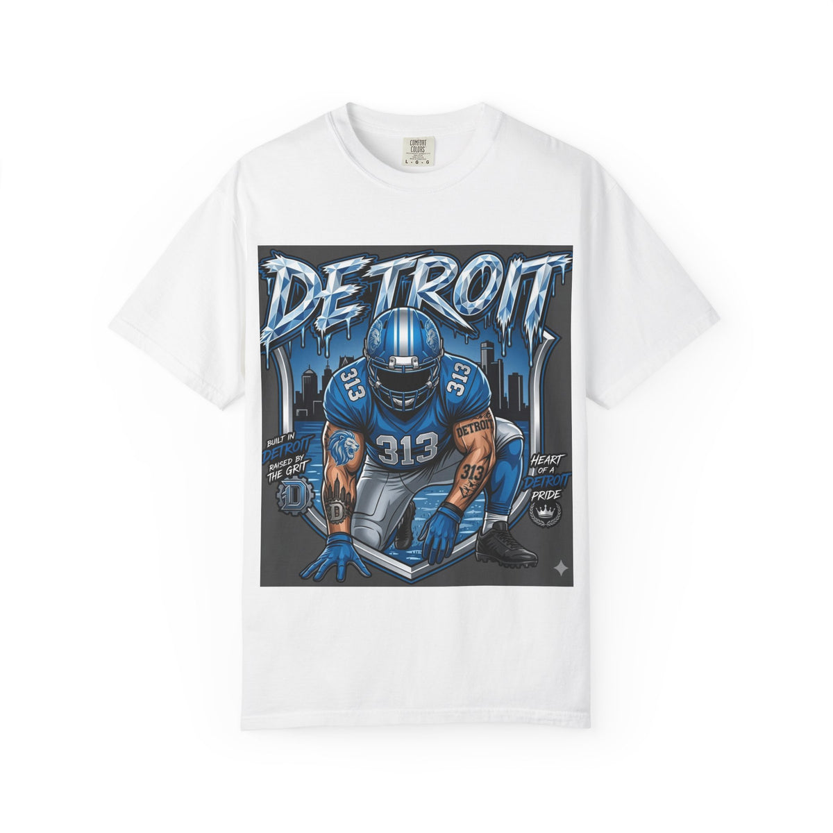 Detroit 313 Football Player T-Shirt | City Skyline, Blue Helmet Design