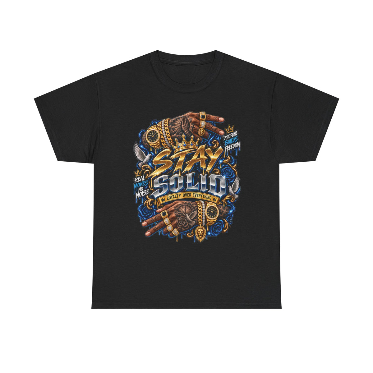Stay Solid graphic tee | Urban street art typography, gold chain hands