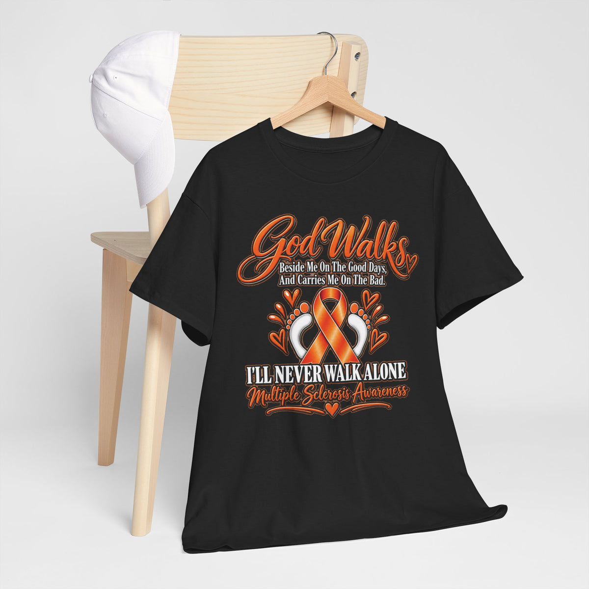 God Walks orange awareness ribbon T-Shirt | I'll Never Walk Alone, Faith Support