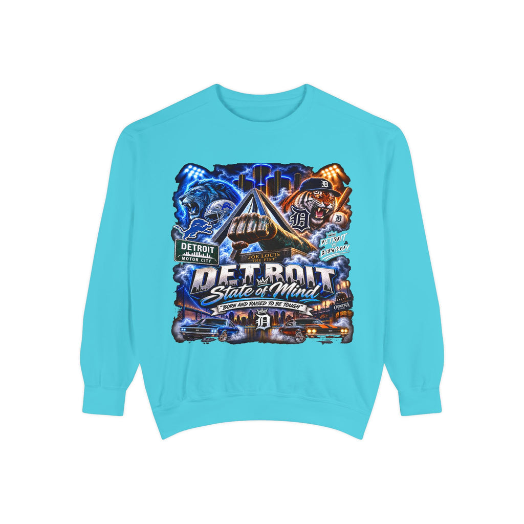 Detroit Skyline Motor City graphic Sweatshirt | Vintage cityscape, engine, blue orange