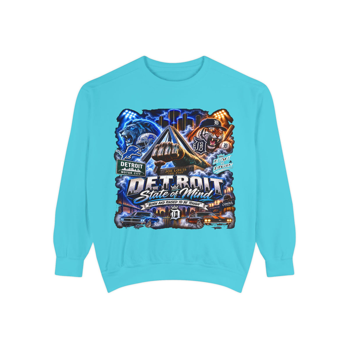 Detroit Skyline Motor City graphic Sweatshirt | Vintage cityscape, engine, blue orange