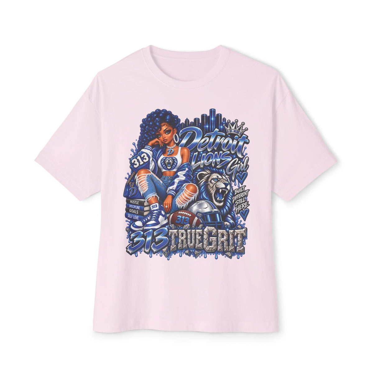 Lions Detroit City Grit tee | Motor City skyline, 313, sneaker and bulldog illustration