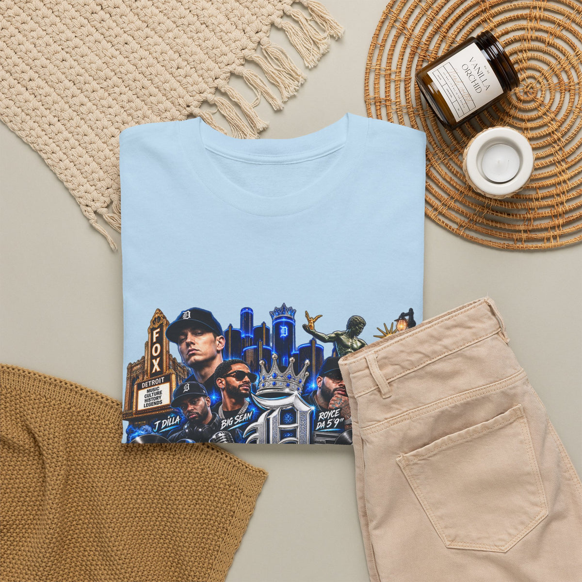 Detroit Legends collage T-Shirt | Motor City skyline, classic cars, musicians