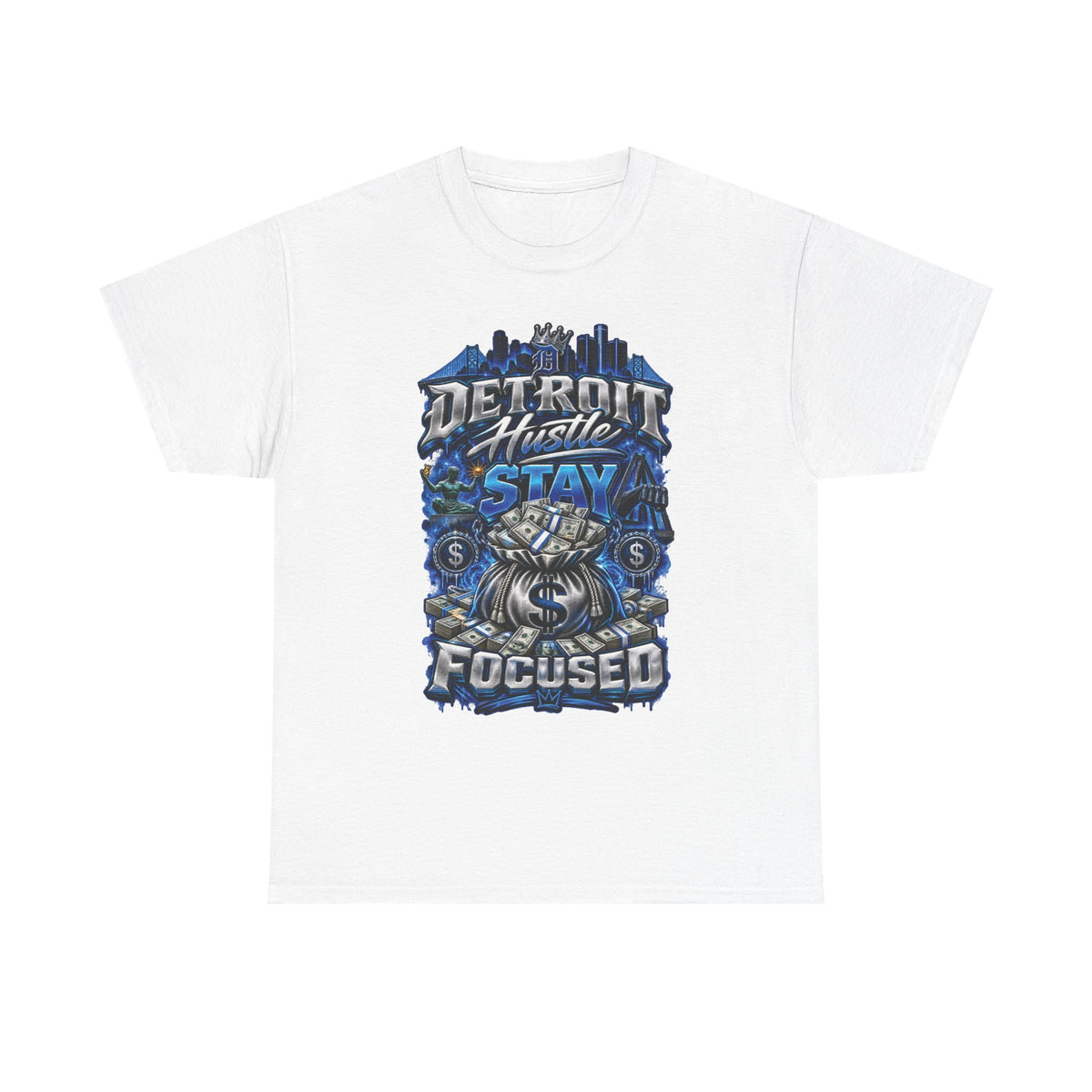 Detroit Hustle Stay Focused Tee | City Skyline, Money Bag Graphic
