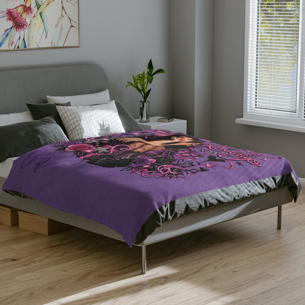 Olivia Rodrigo Portrait Velveteen Microfiber Blanket | Purple Butterfly Rose Design