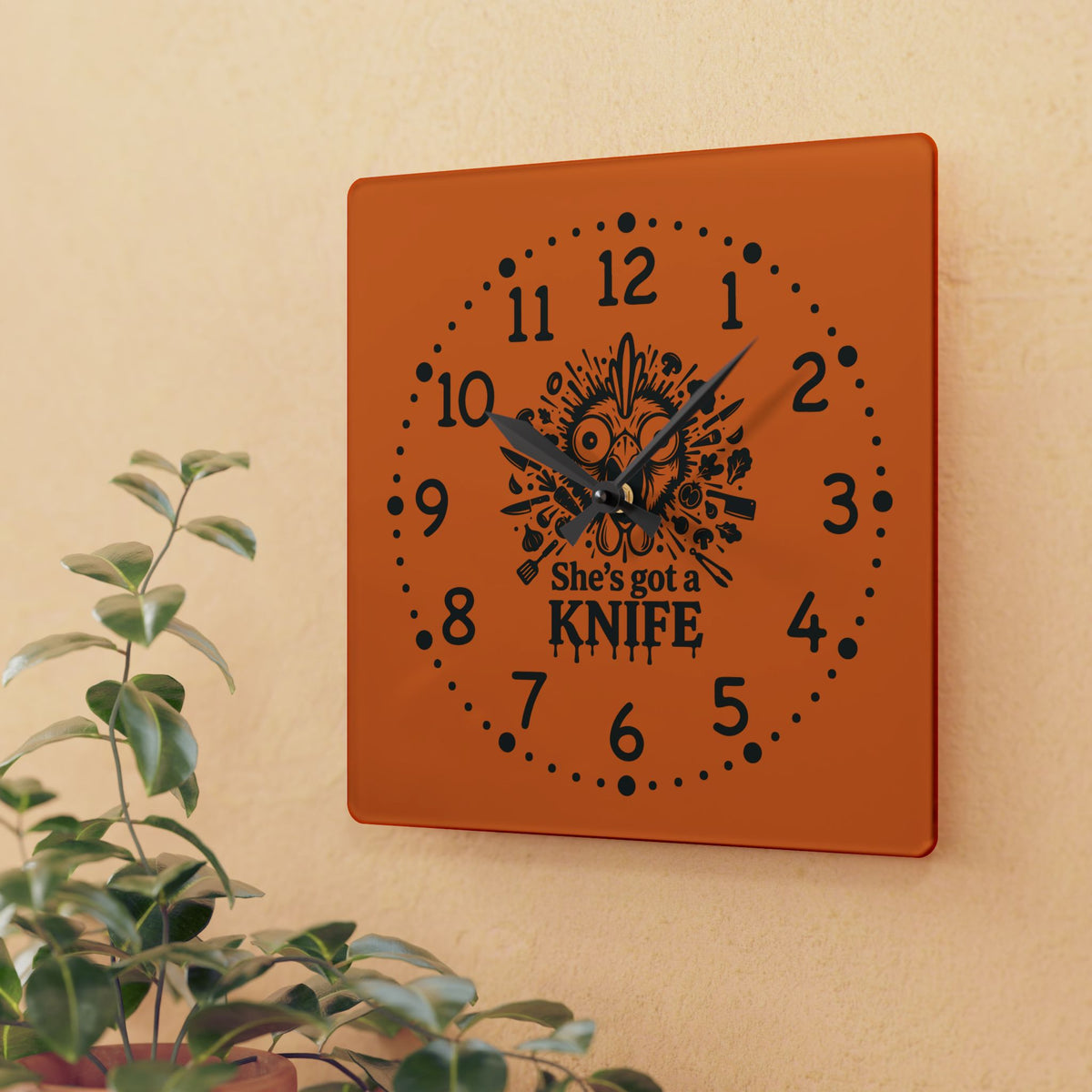 She got a knife acrylic wall clock | Halloween horror decor, orange skull design