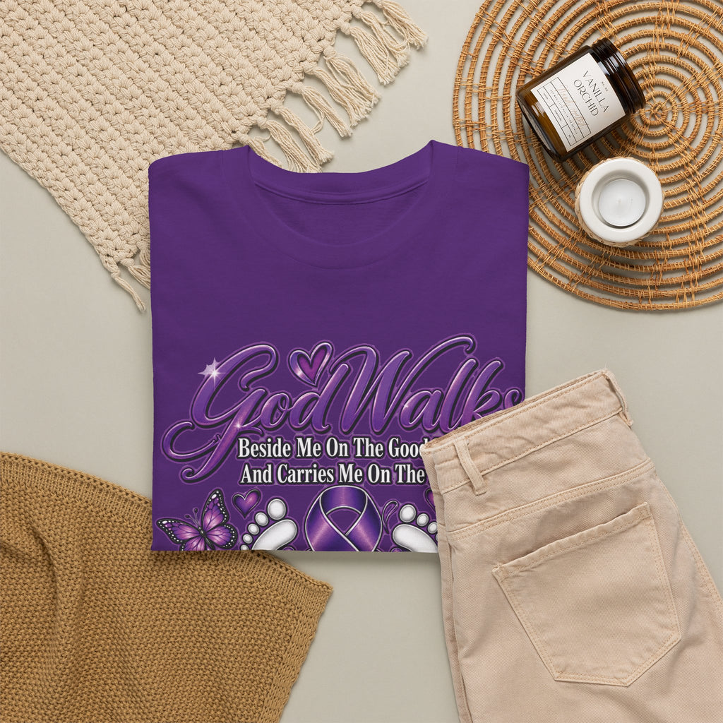 God Walks purple ribbon awareness T-Shirt | I'll Never Walk Alone design