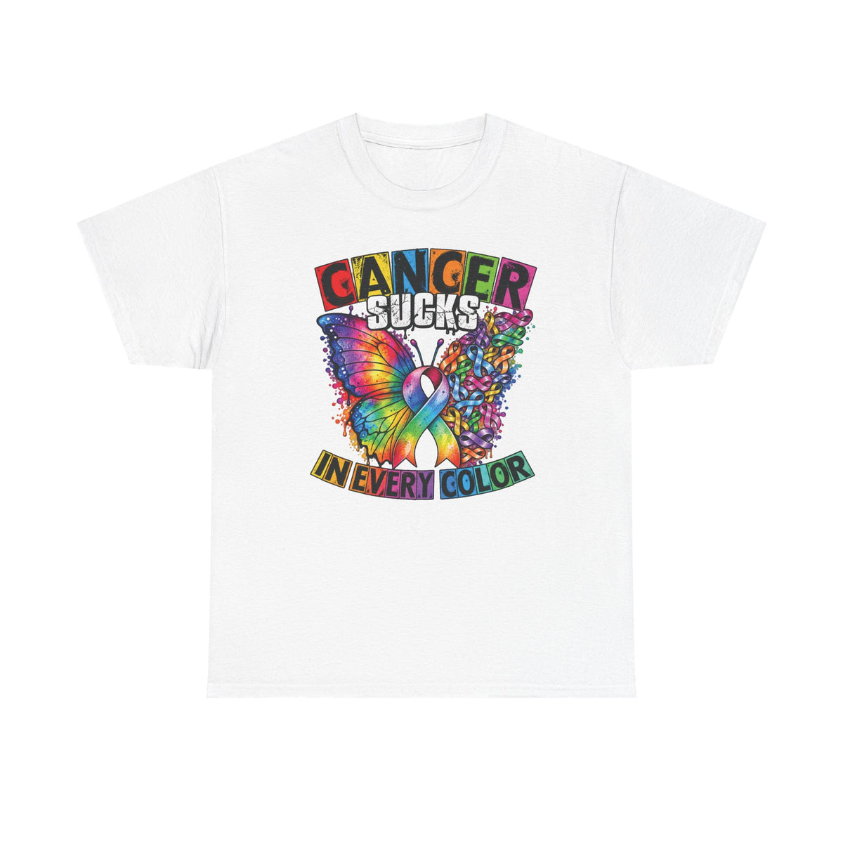 Cancer Sucks Butterfly tee | Awareness Ribbon Rainbow Colors