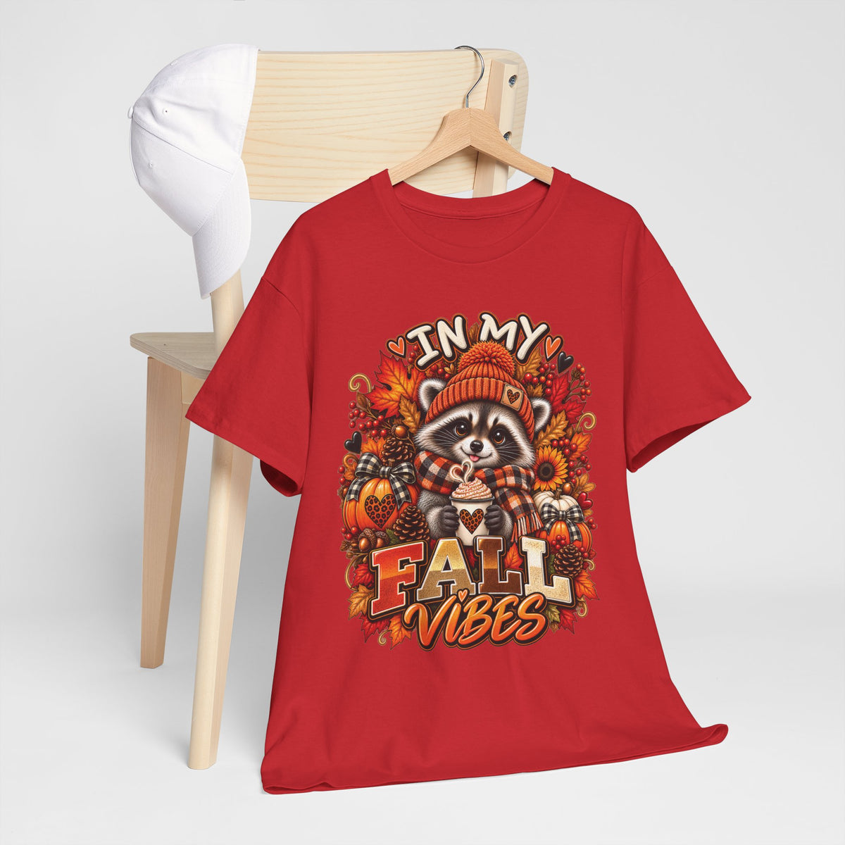 Cozy Raccoon Fall Vibes T-Shirt | Autumn Pumpkin Leaves Tee