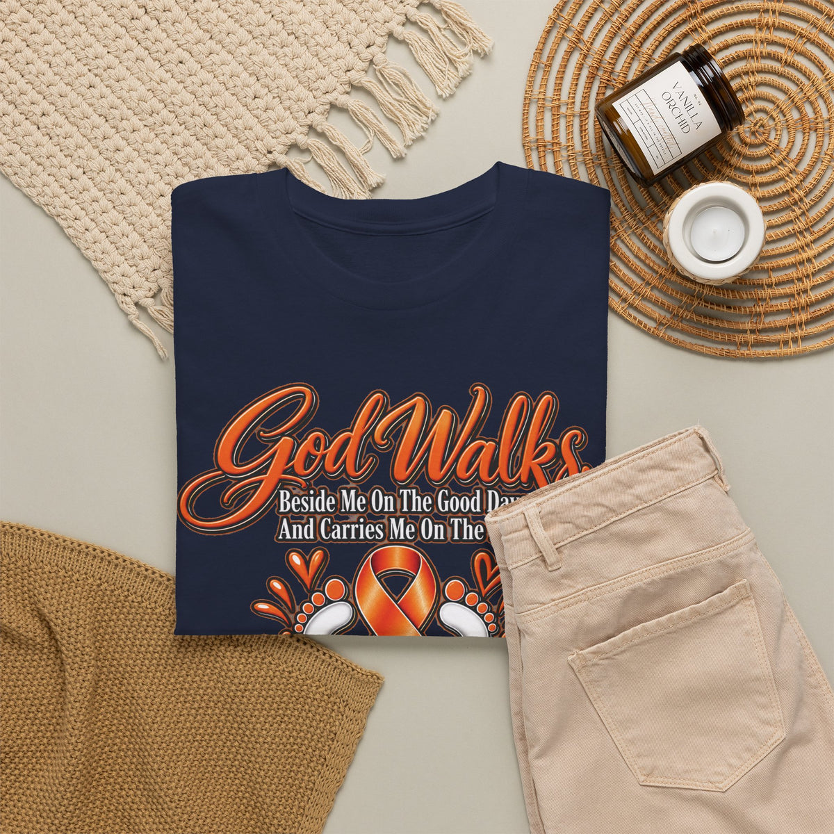 God Walks orange awareness ribbon T-Shirt | I'll Never Walk Alone, Faith Support
