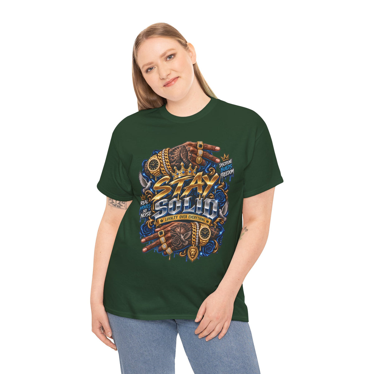 Stay Solid graphic tee | Urban street art typography, gold chain hands
