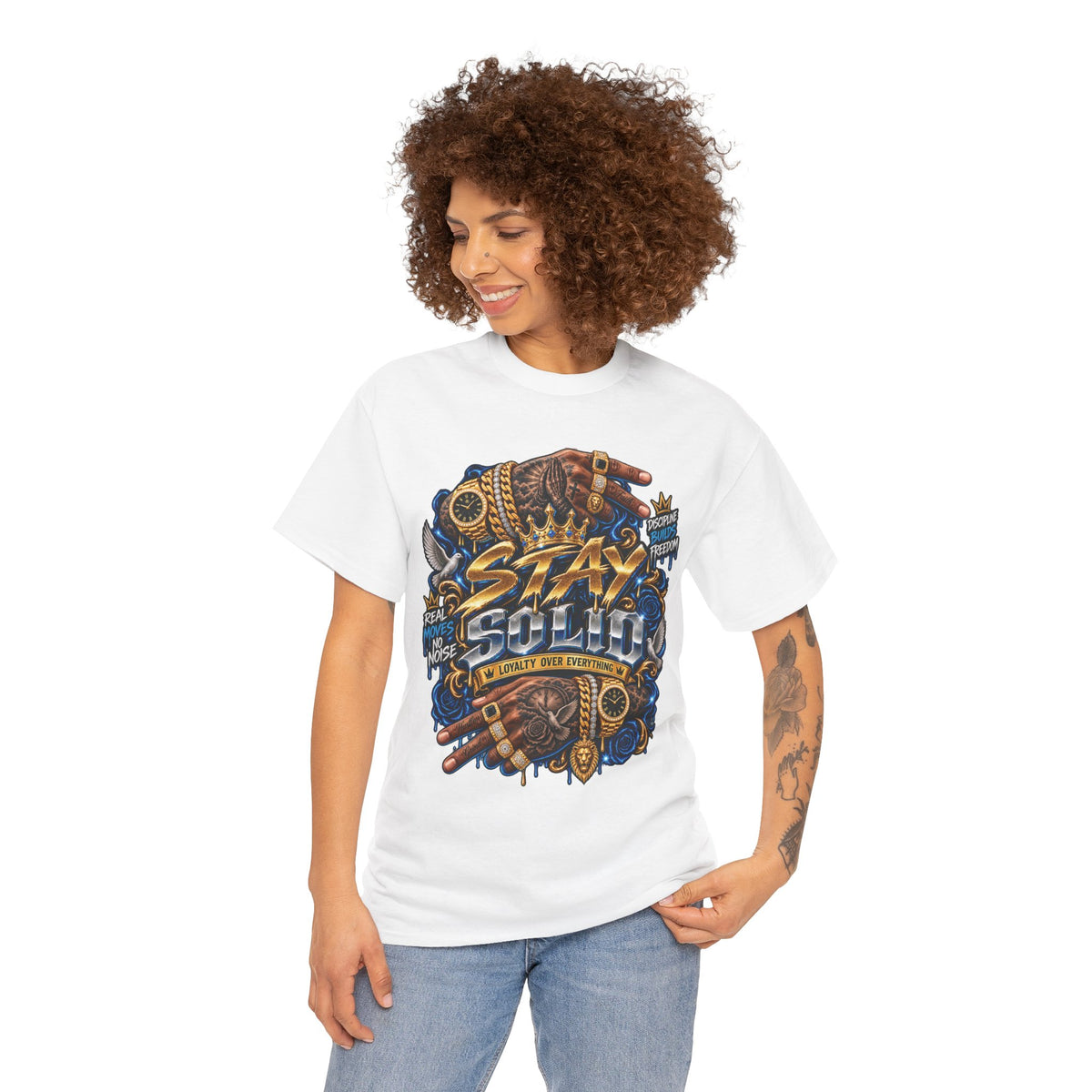 Stay Solid graphic tee | Urban street art typography, gold chain hands