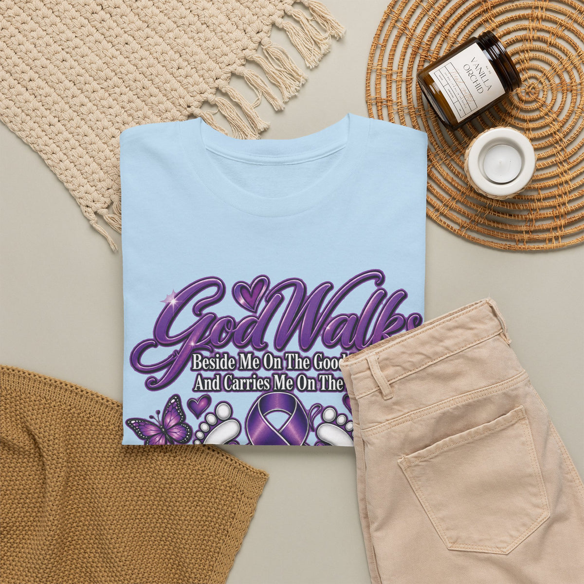 God Walks purple ribbon awareness T-Shirt | I'll Never Walk Alone design