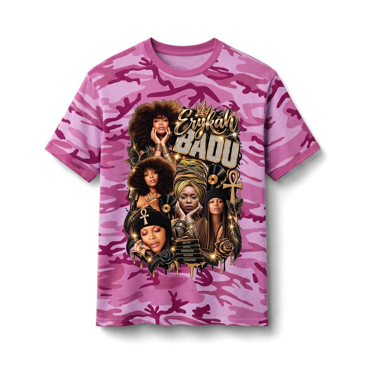 Badu Soul Singer Portrait Camo Tee | Retro R&B Collage T-Shirt