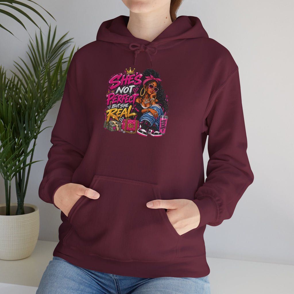 Shes Not Perfect Real AF hoodie | Retro Neon Girl Graphic Hoodie