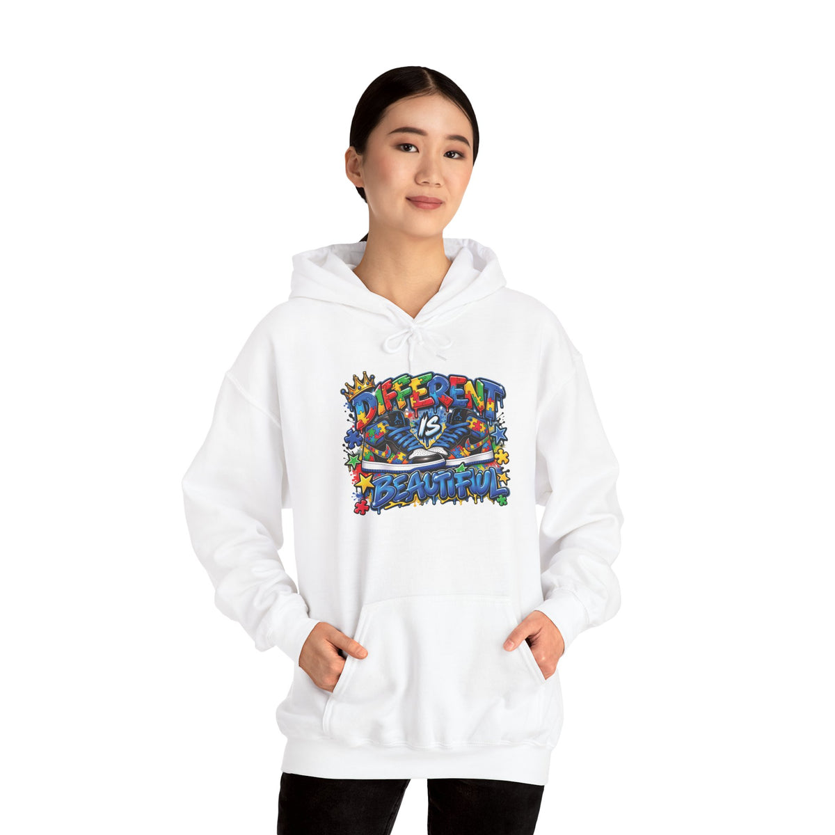 Different Is Beautiful hoodie | colorful graffiti text, stars & flowers