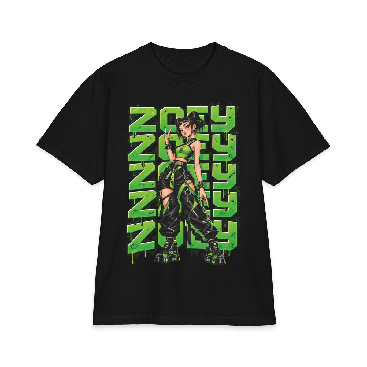 Zoey kpop Green Cyberpunk Anime Girl T-Shirt | Futuristic Streetwear Graphic Tee