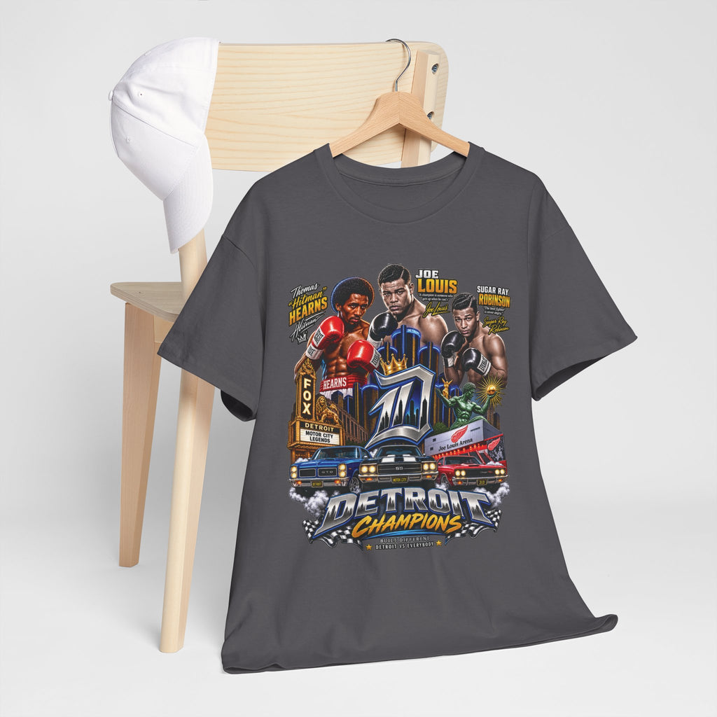 Detroit Champions T-Shirt | Motor City Boxing Legends, Classic Cars, City Skyline