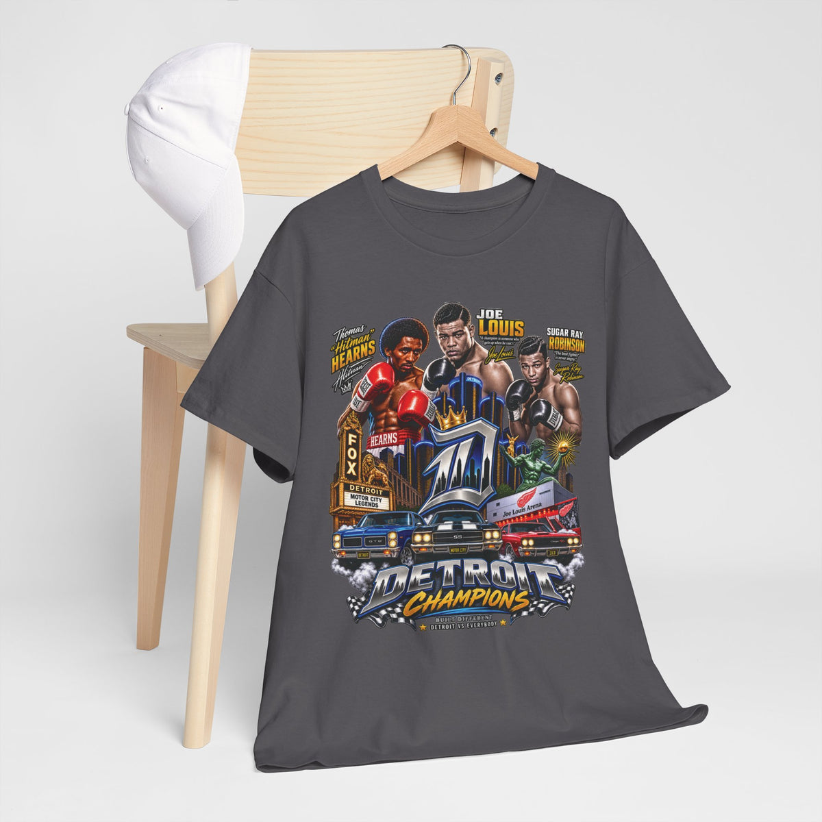 Detroit Champions T-Shirt | Motor City Boxing Legends, Classic Cars, City Skyline
