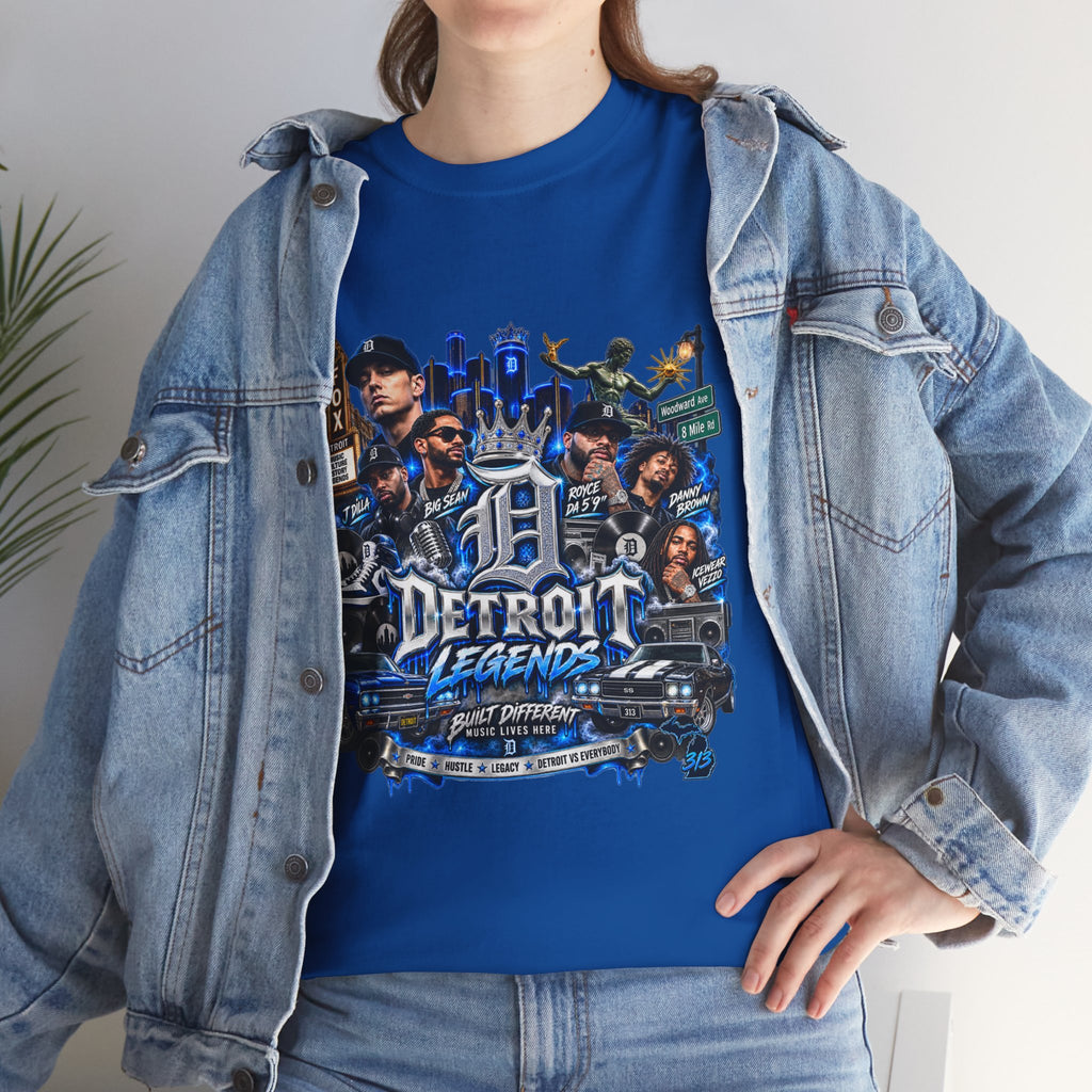 Detroit Legends collage T-Shirt | Motor City skyline, classic cars, musicians