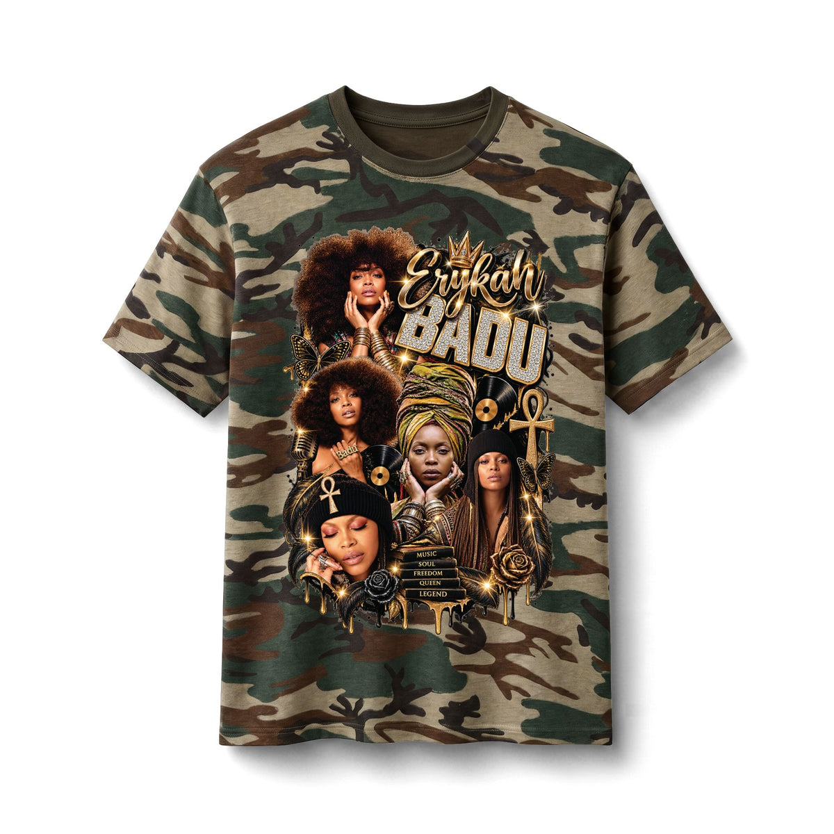 Badu Soul Singer Portrait Camo Tee | Retro R&B Collage T-Shirt