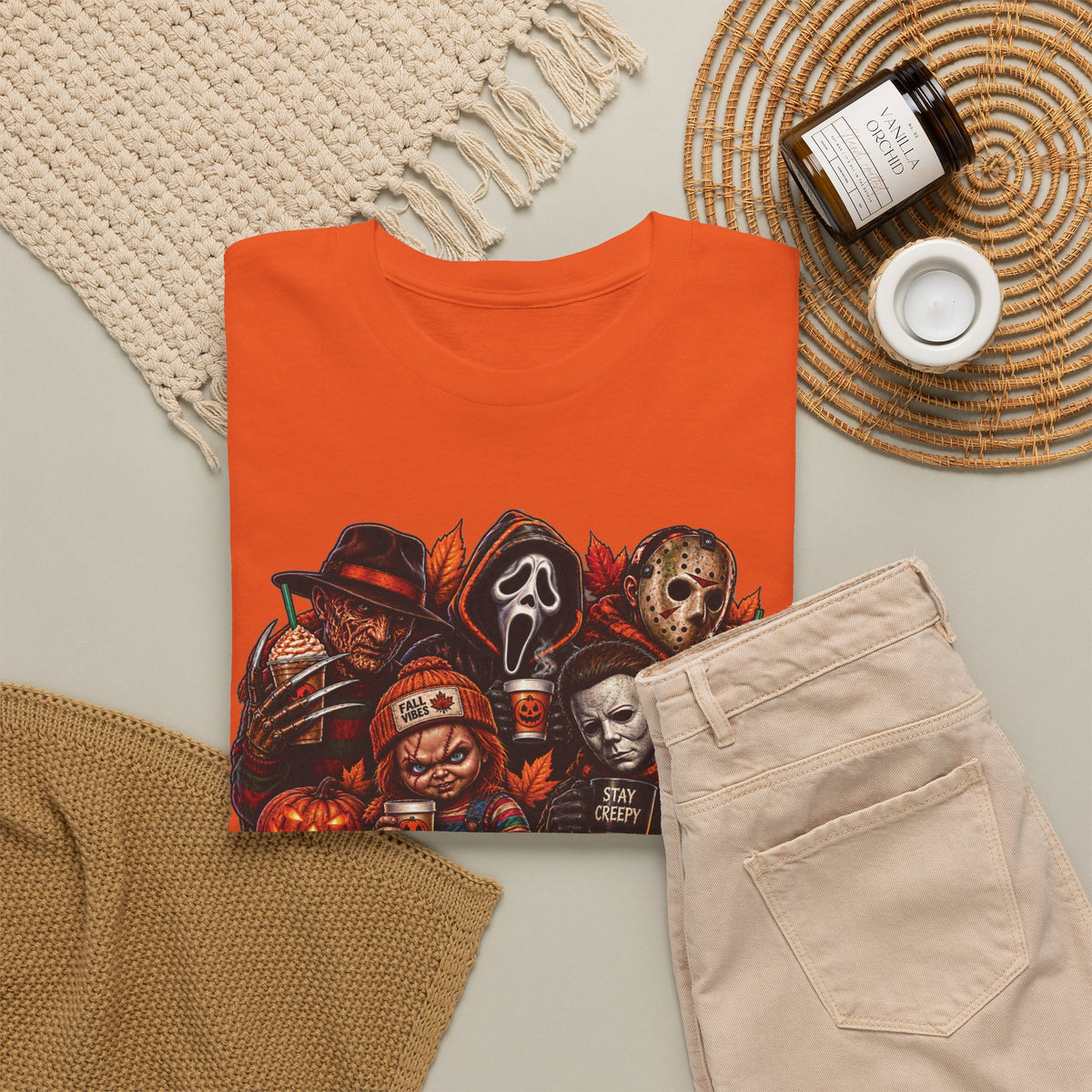 Fall Fright Crew Horror Characters Tee | Halloween Scary Movie Mask Design