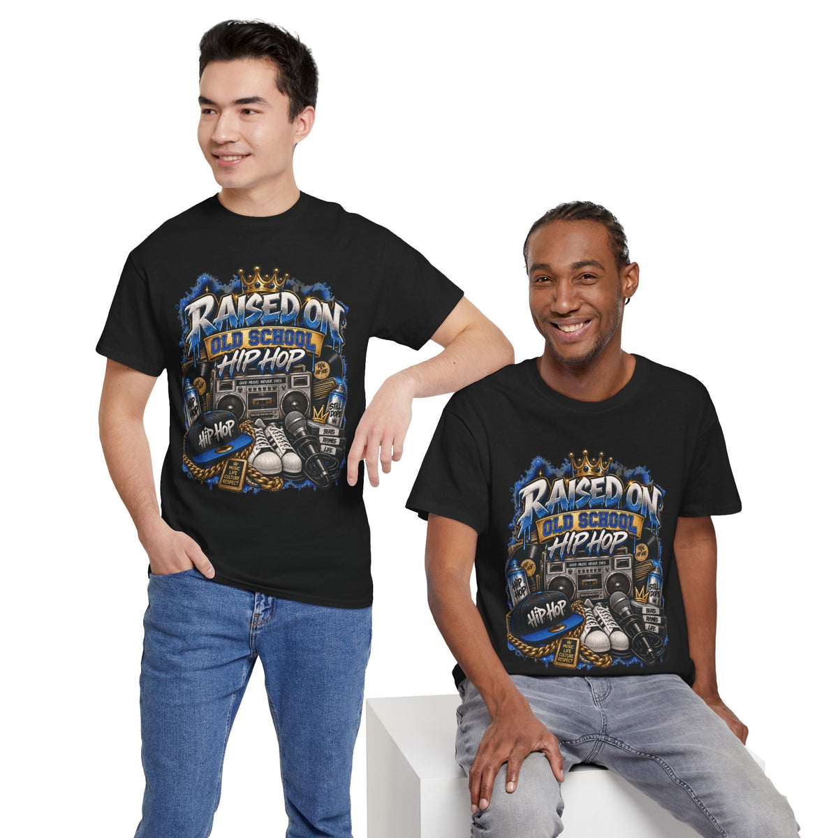 Raised On Old School Hip Hop T-Shirt | Retro Boombox Sneakers Crown Design