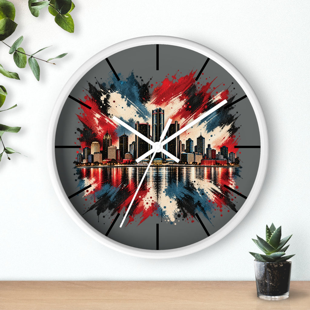 Urban Skyline Detroir Wall Clock – Red, White & Blue Cityscape Decor