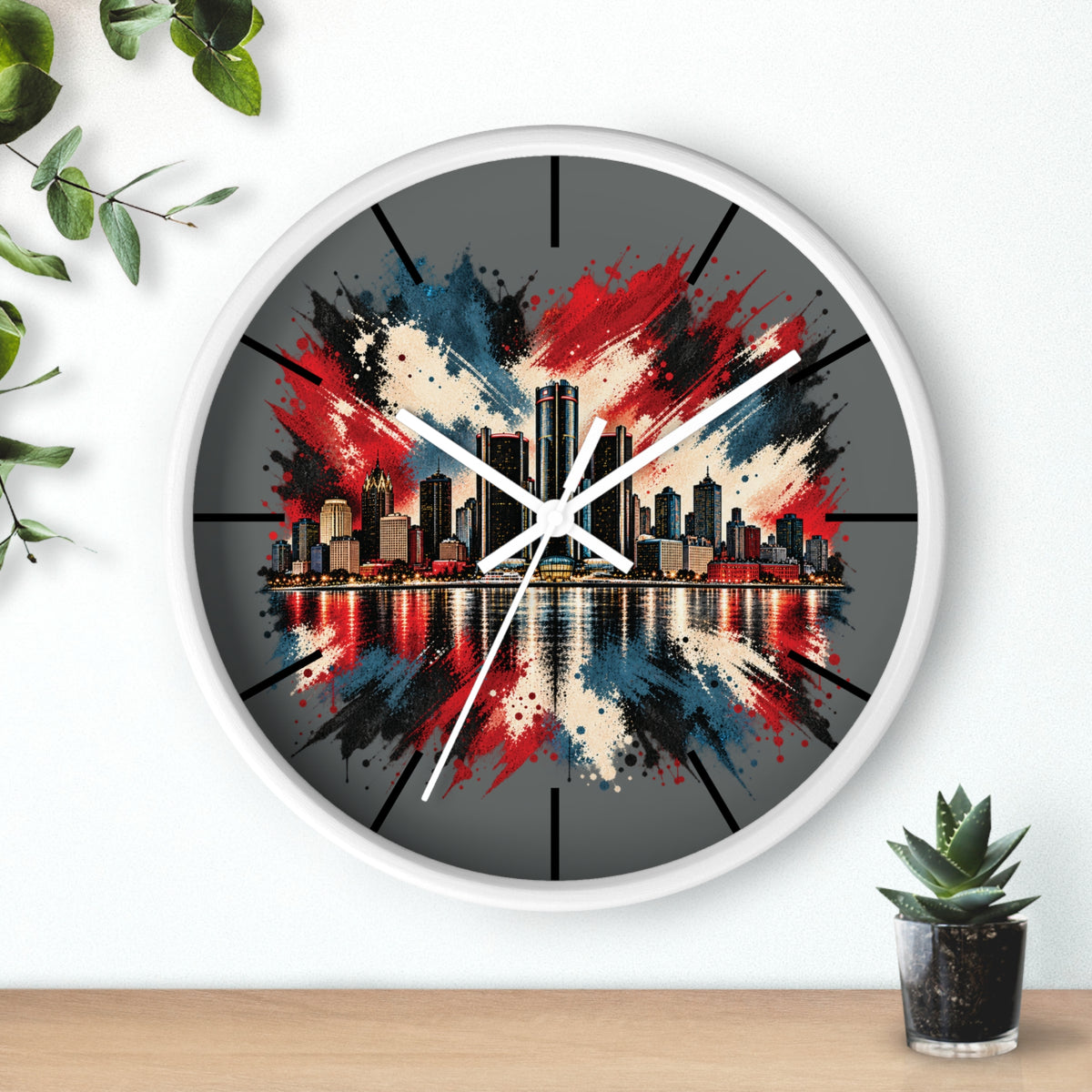 Urban Skyline Detroir Wall Clock – Red, White & Blue Cityscape Decor