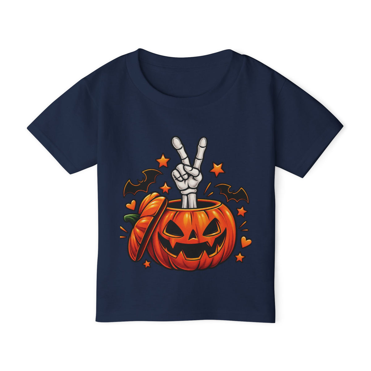 Peace Hand Skeleton in Jack-O'-Lantern Toddler T-shirt | Halloween Pumpkin Bats