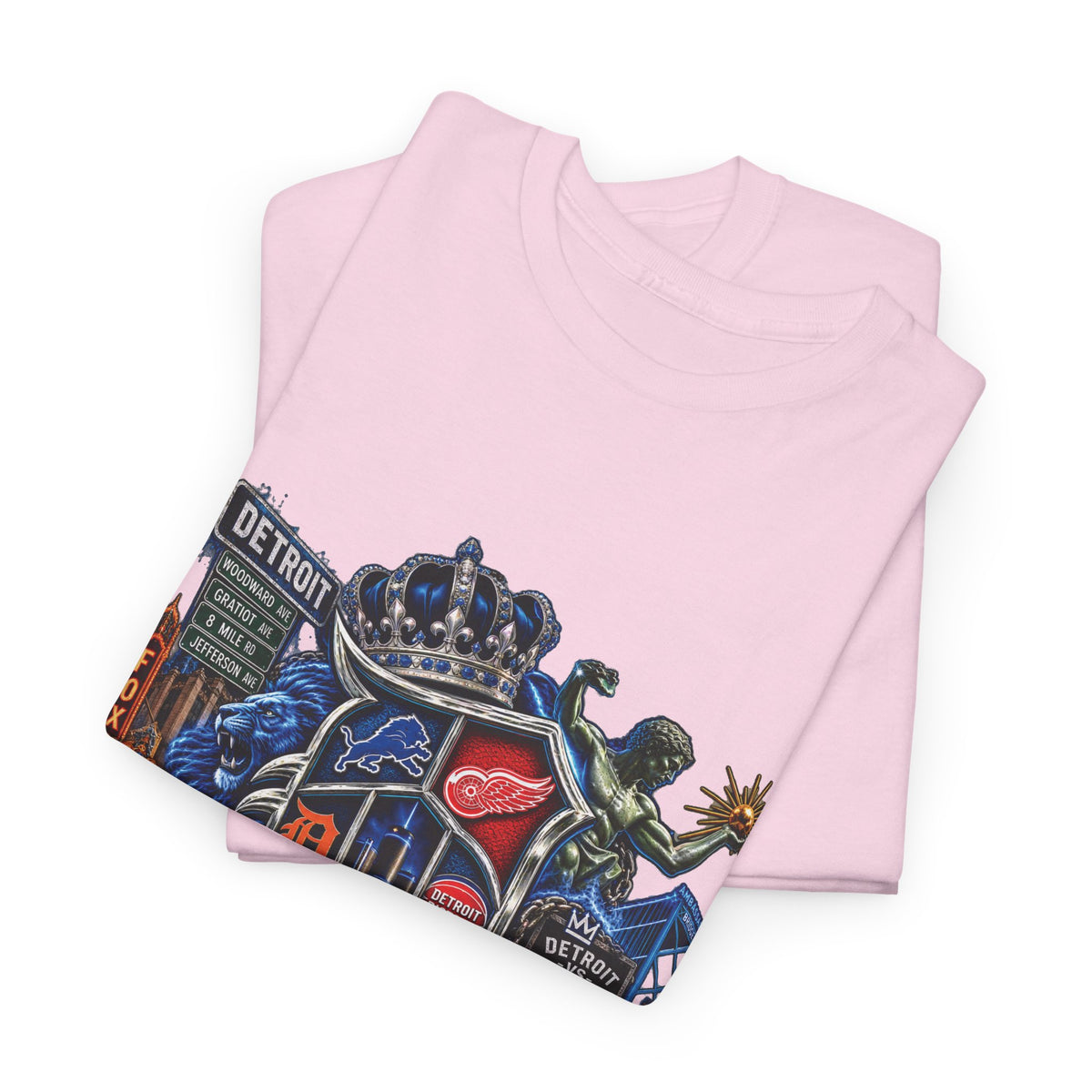 Detroit Skyline Collage T-Shirt | Motor City Landmarks, Vintage Neon Design