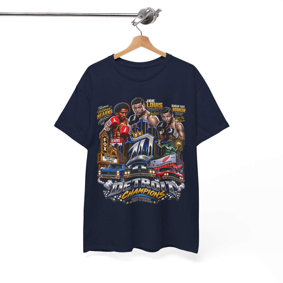 Detroit Champions T-Shirt | Motor City Boxing Legends, Classic Cars, City Skyline