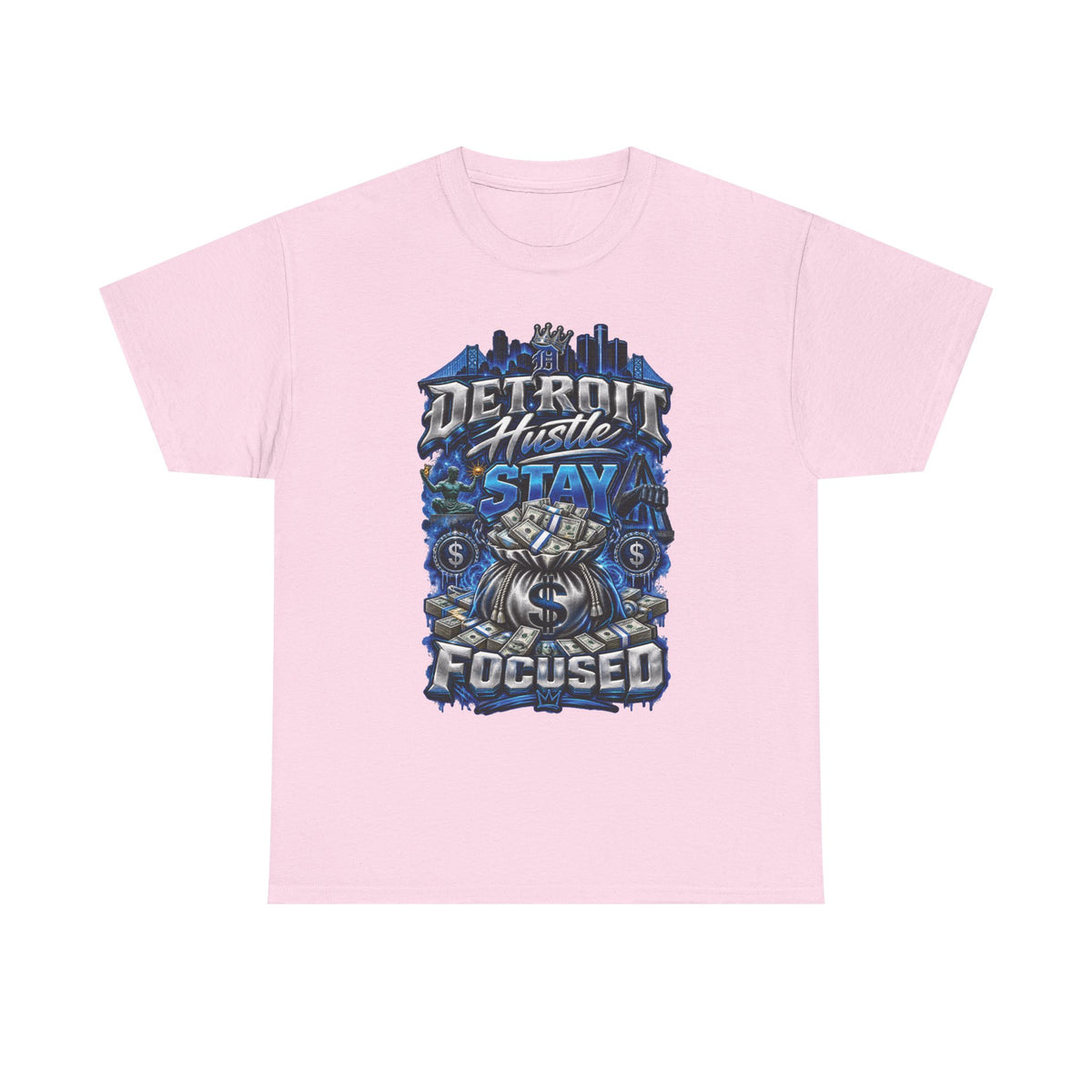 Detroit Hustle Stay Focused Tee | City Skyline, Money Bag Graphic