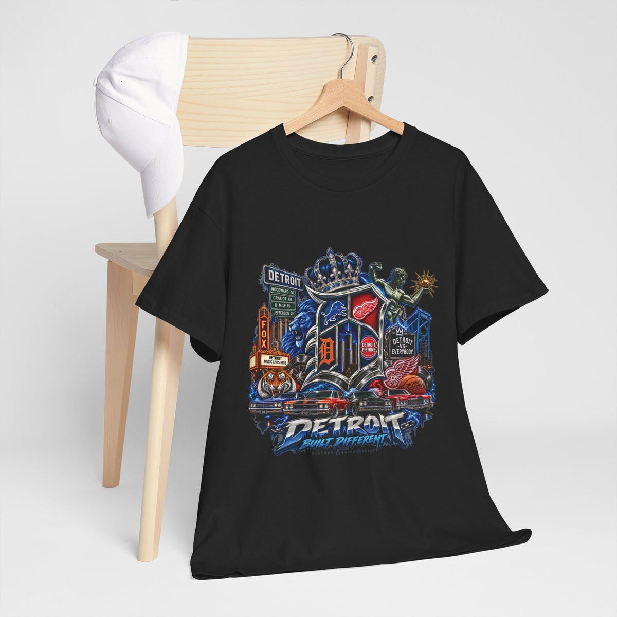 Detroit Skyline Collage T-Shirt | Motor City Landmarks, Vintage Neon Design