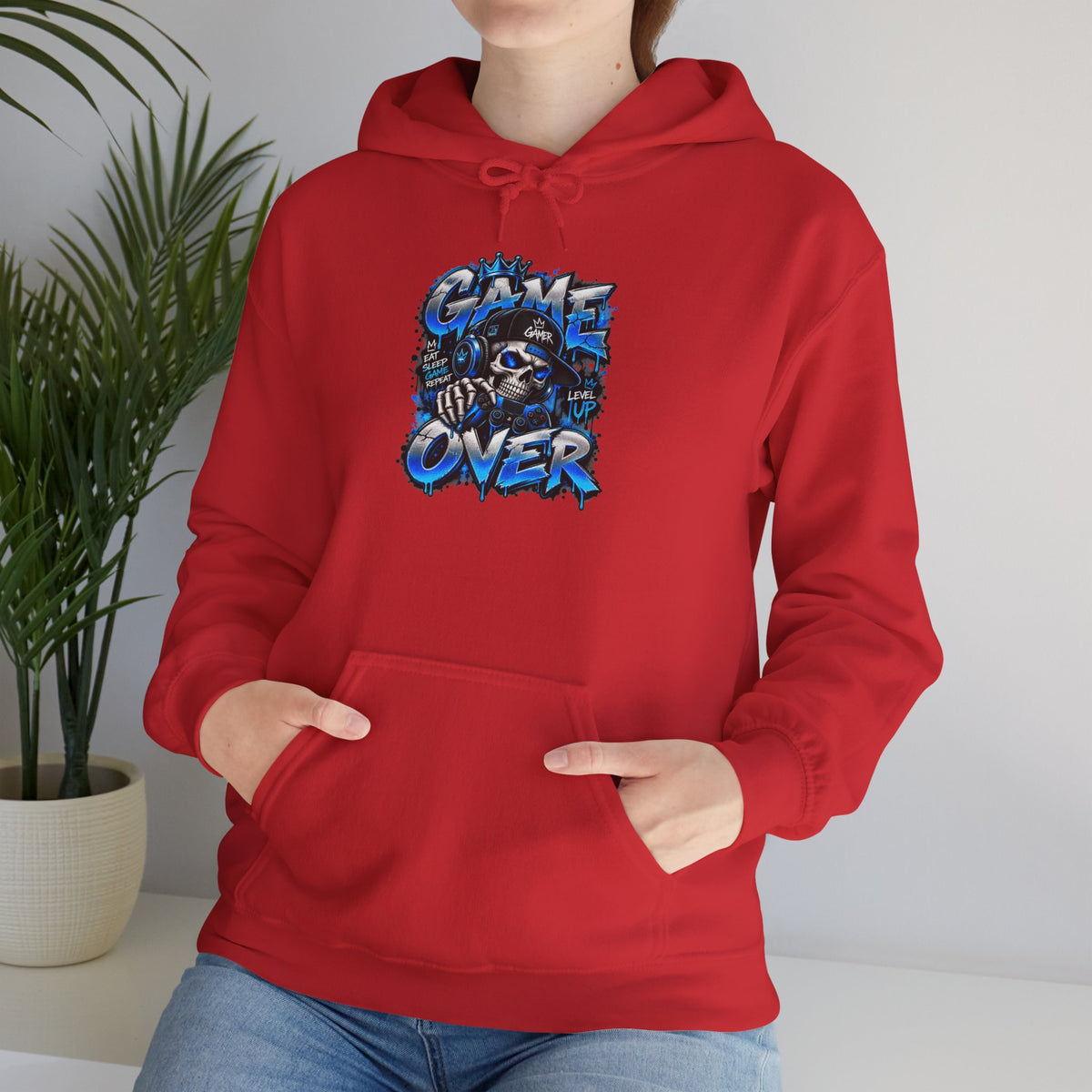 Game Over Skull hoodie | Gaming Graphic Sweatshirt, Blue Grunge Design