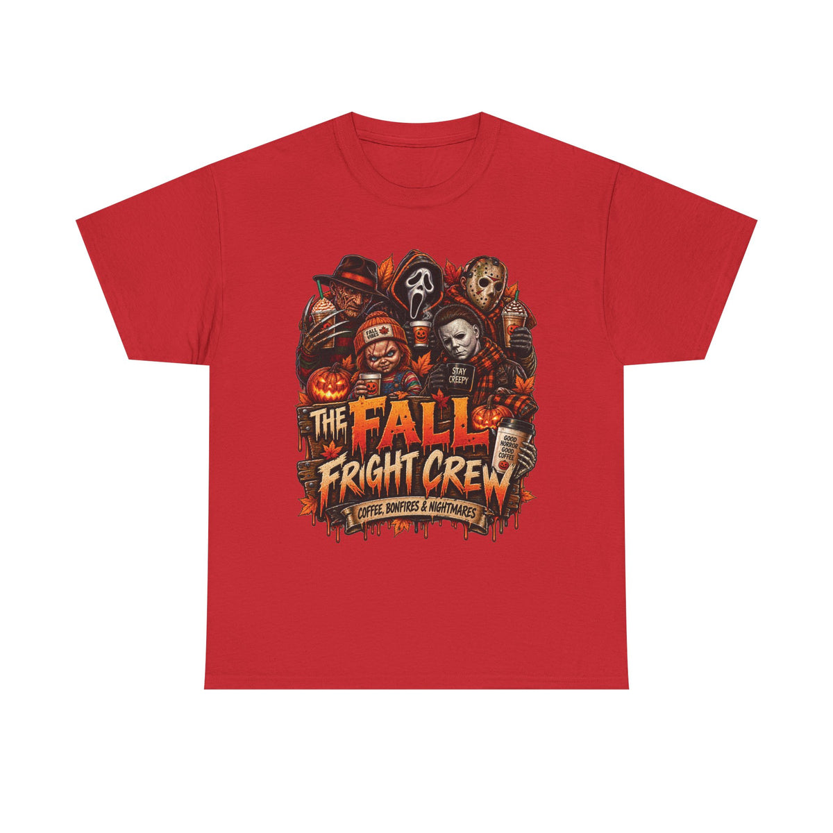 Fall Fright Crew Horror Characters Tee | Halloween Scary Movie Mask Design