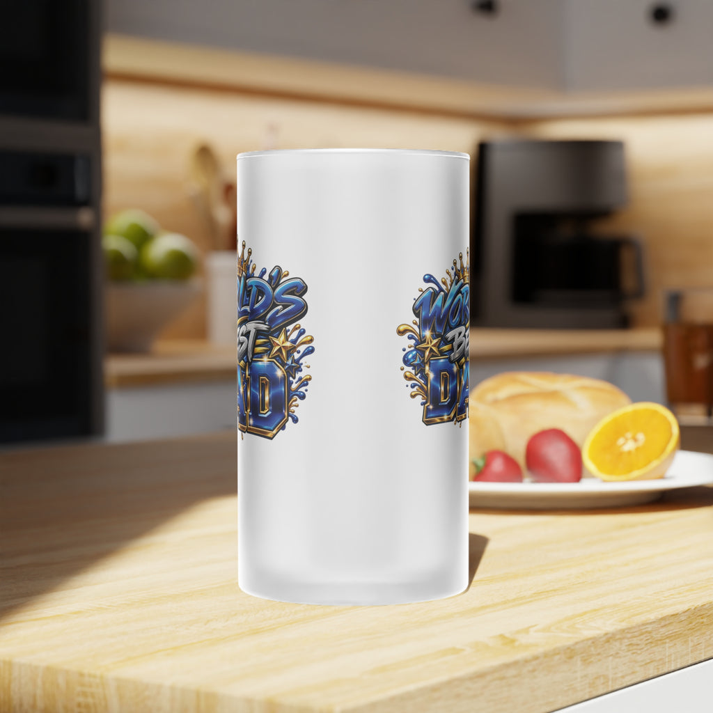Worlds Best Dad Coldest Bud Frosted Glass Beer Mug | Beer Stein Style, Illustrated Typography