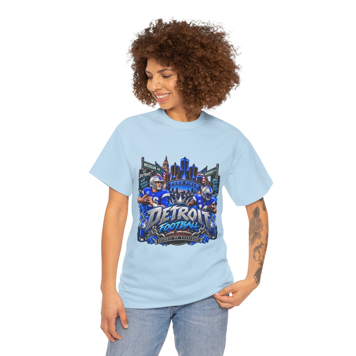 Detroit Football Graphic Tee | City Skyline, Players, Lions-Inspired Design
