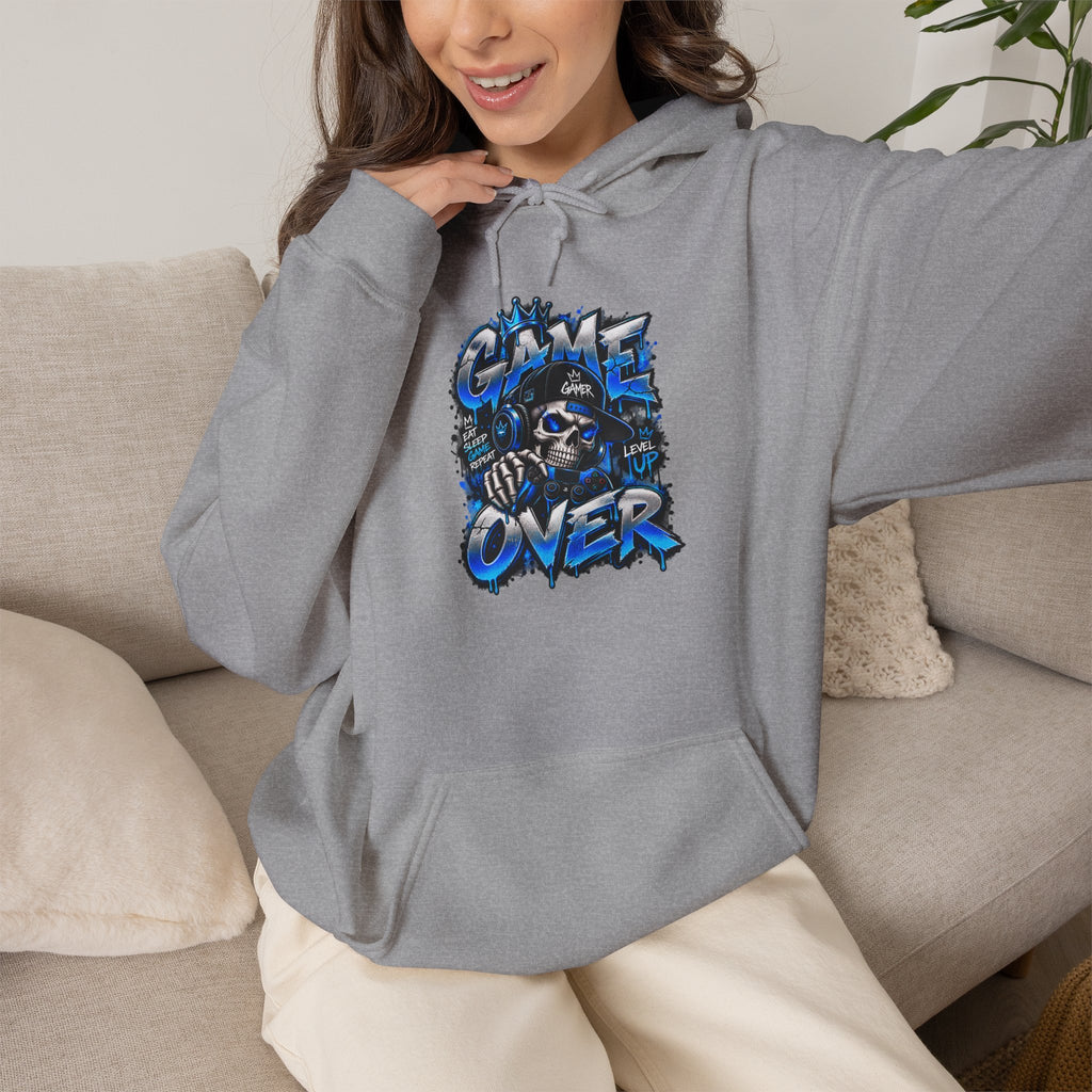 Game Over Skull hoodie | Gaming Graphic Sweatshirt, Blue Grunge Design